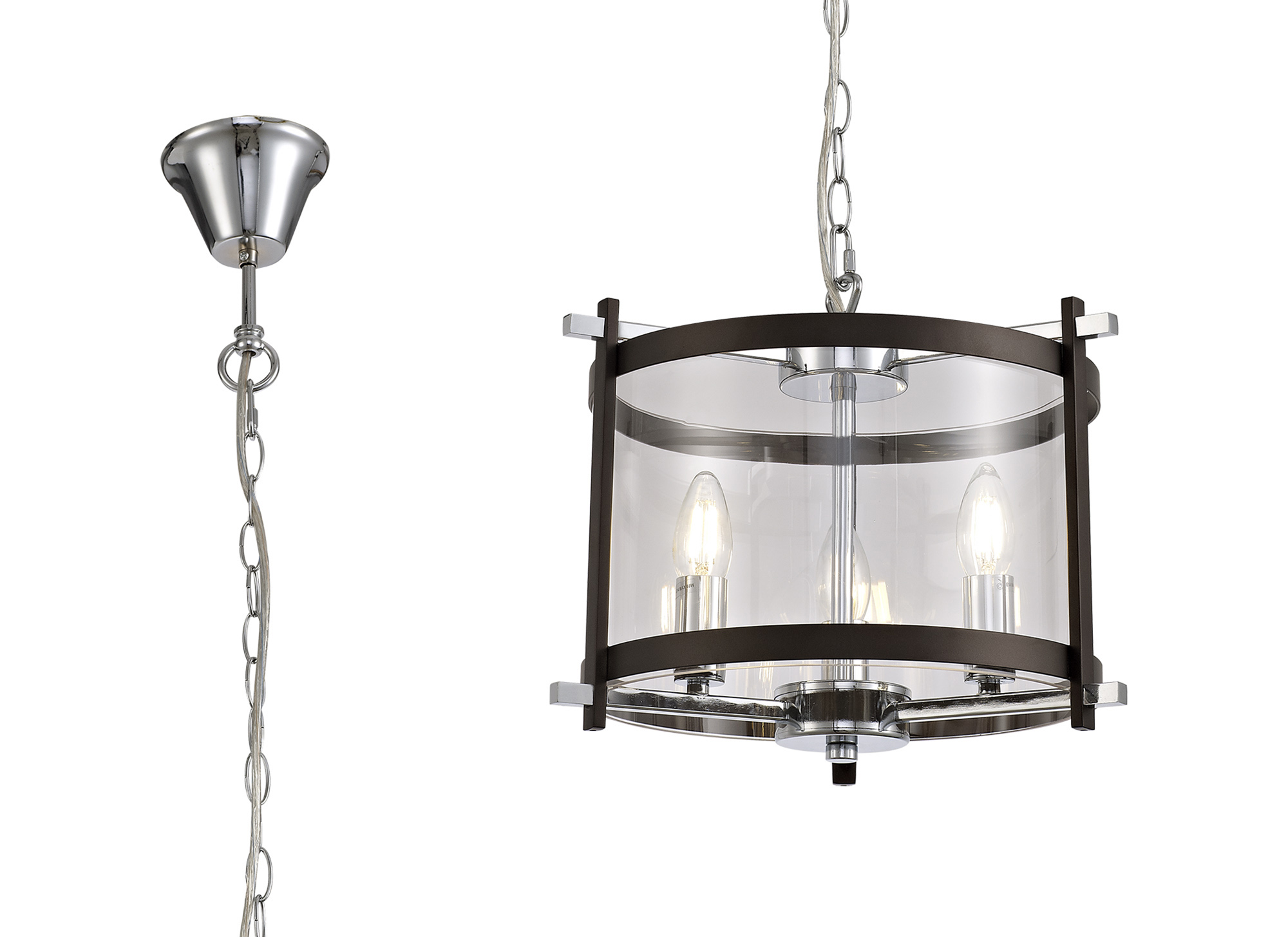 D0564  Nolan 36cm Glass Pendant 3 Light Black Brown Oxide, Polished Chrome